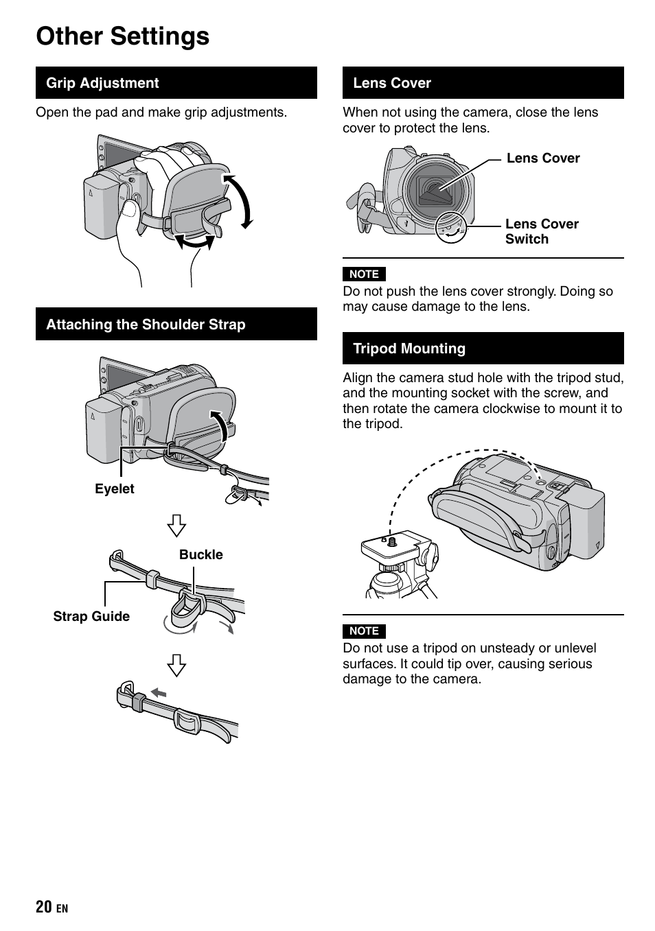 Other settings, Grip adjustment, Attaching the shoulder strap | Lens cover, Tripod mounting | JVC Everio GZ-HD40 User Manual | Page 20 / 72