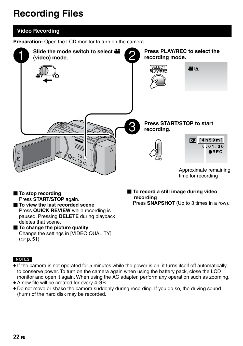 Recording, Recording files, Video recording | JVC Everio GZ-HD40 User Manual | Page 22 / 72