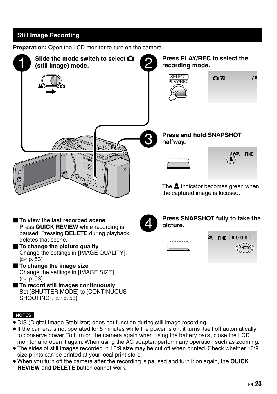 Still image recording | JVC Everio GZ-HD40 User Manual | Page 23 / 72