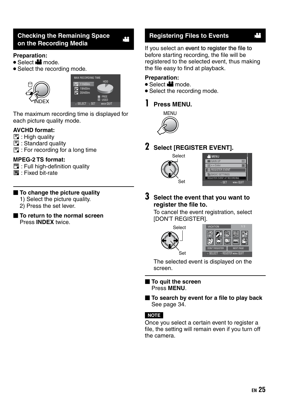 Registering files to events, Checking the remaining space on the, Recording media | Press menu, Select [register event | JVC Everio GZ-HD40 User Manual | Page 25 / 72