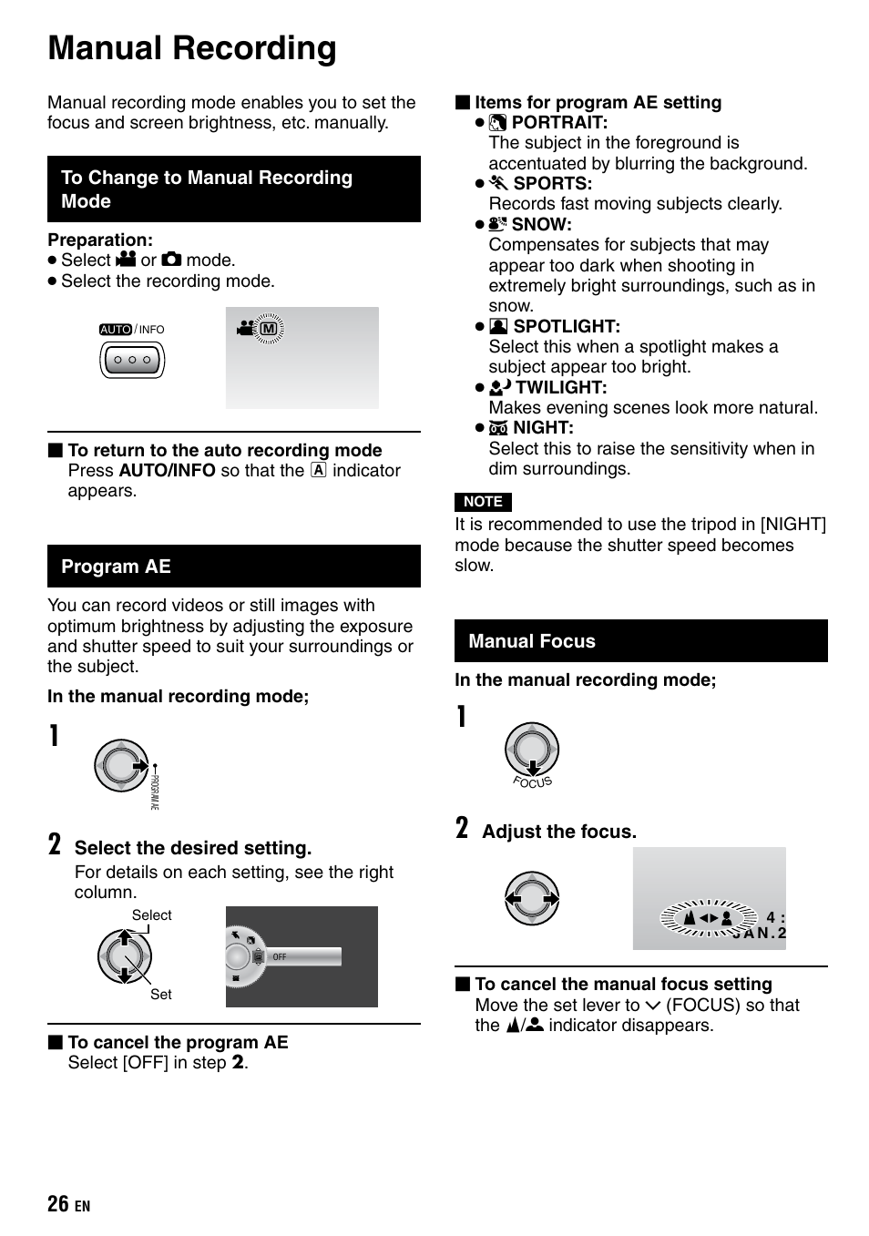 Manual recording, To change to manual recording mode, Program ae | Manual focus | JVC Everio GZ-HD40 User Manual | Page 26 / 72