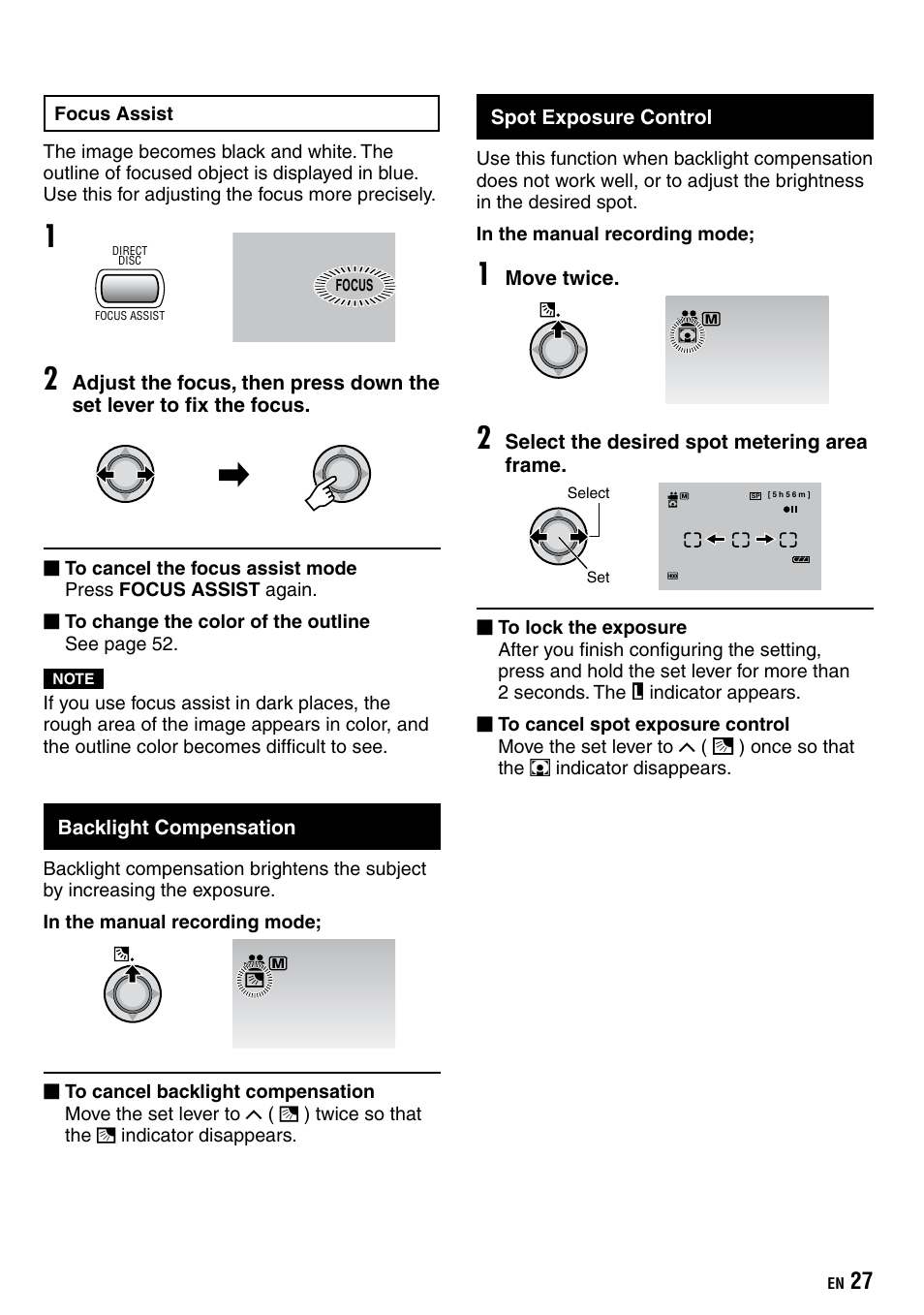 Backlight compensation, Spot exposure control | JVC Everio GZ-HD40 User Manual | Page 27 / 72