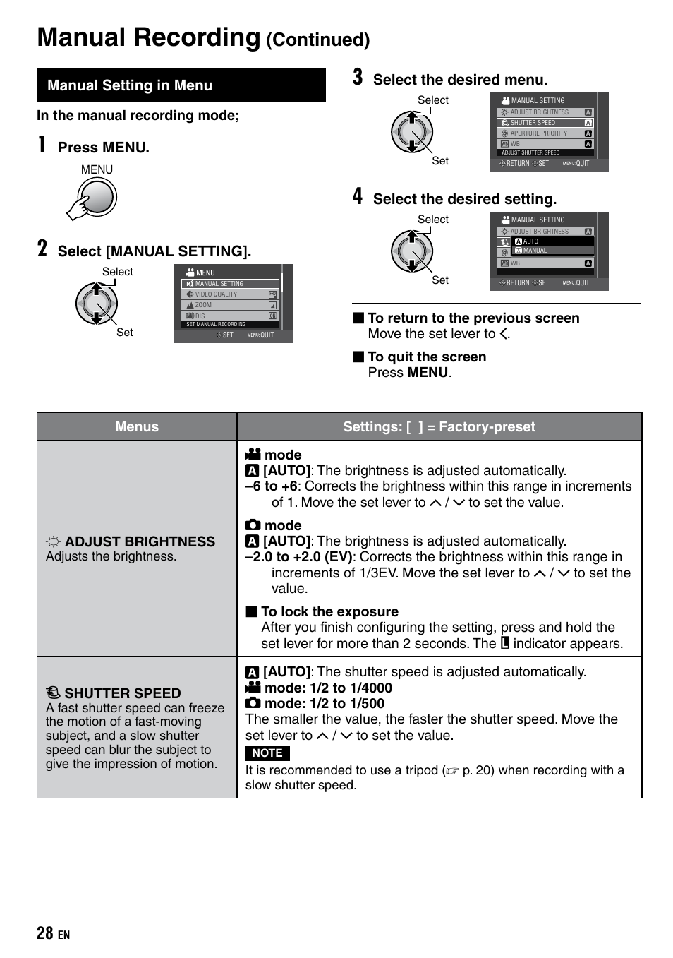 Manual setting in menu, Manual recording, Continued) | Press menu, Select [manual setting, Select the desired menu, Select the desired setting | JVC Everio GZ-HD40 User Manual | Page 28 / 72