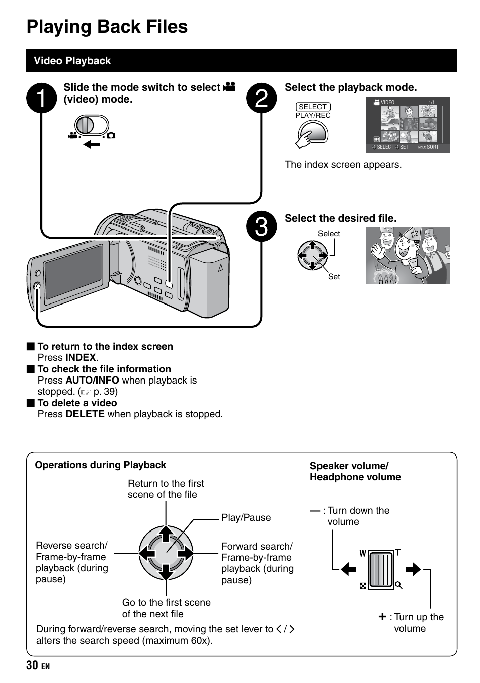 Playback, Playing back files, Video playback | JVC Everio GZ-HD40 User Manual | Page 30 / 72