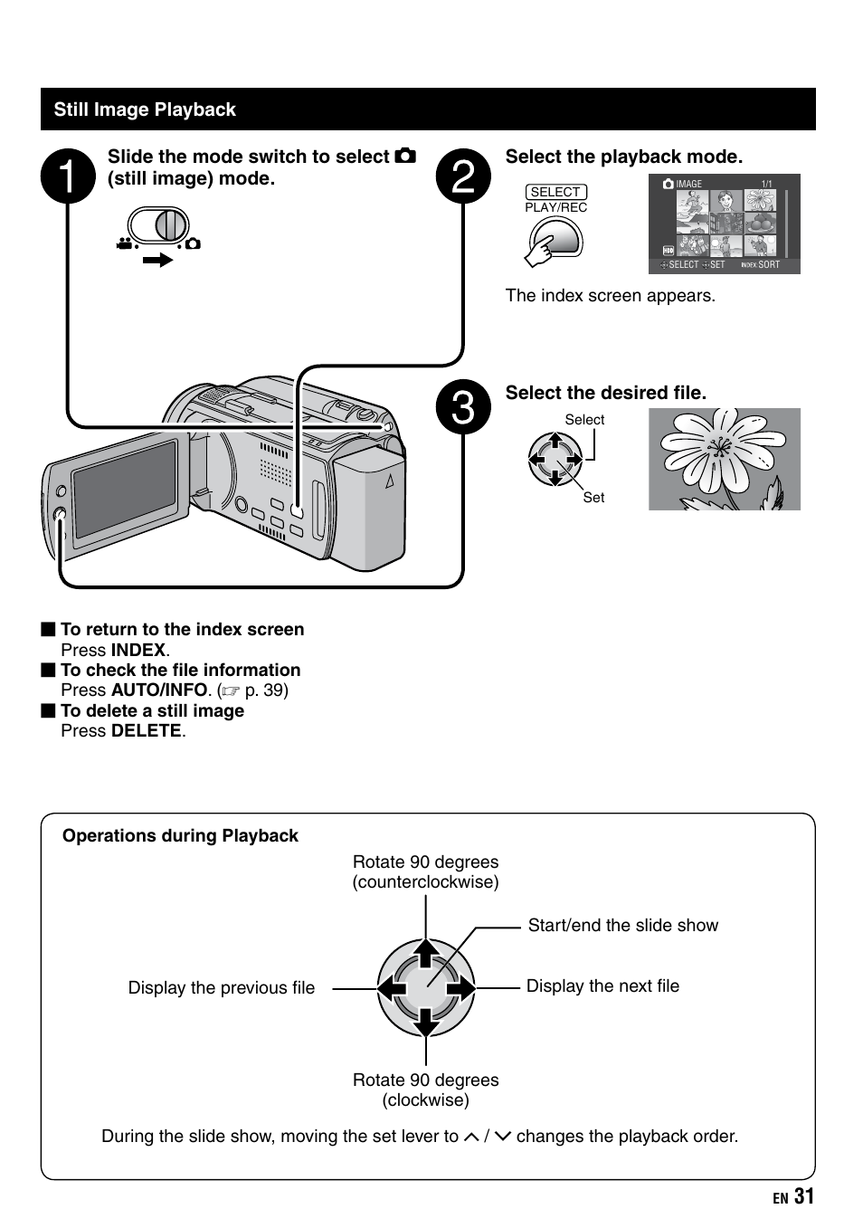 Still image playback | JVC Everio GZ-HD40 User Manual | Page 31 / 72