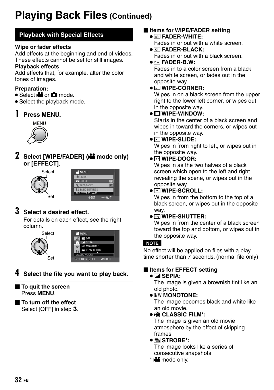 Playback with special effects, Playing back files, Continued) | JVC Everio GZ-HD40 User Manual | Page 32 / 72