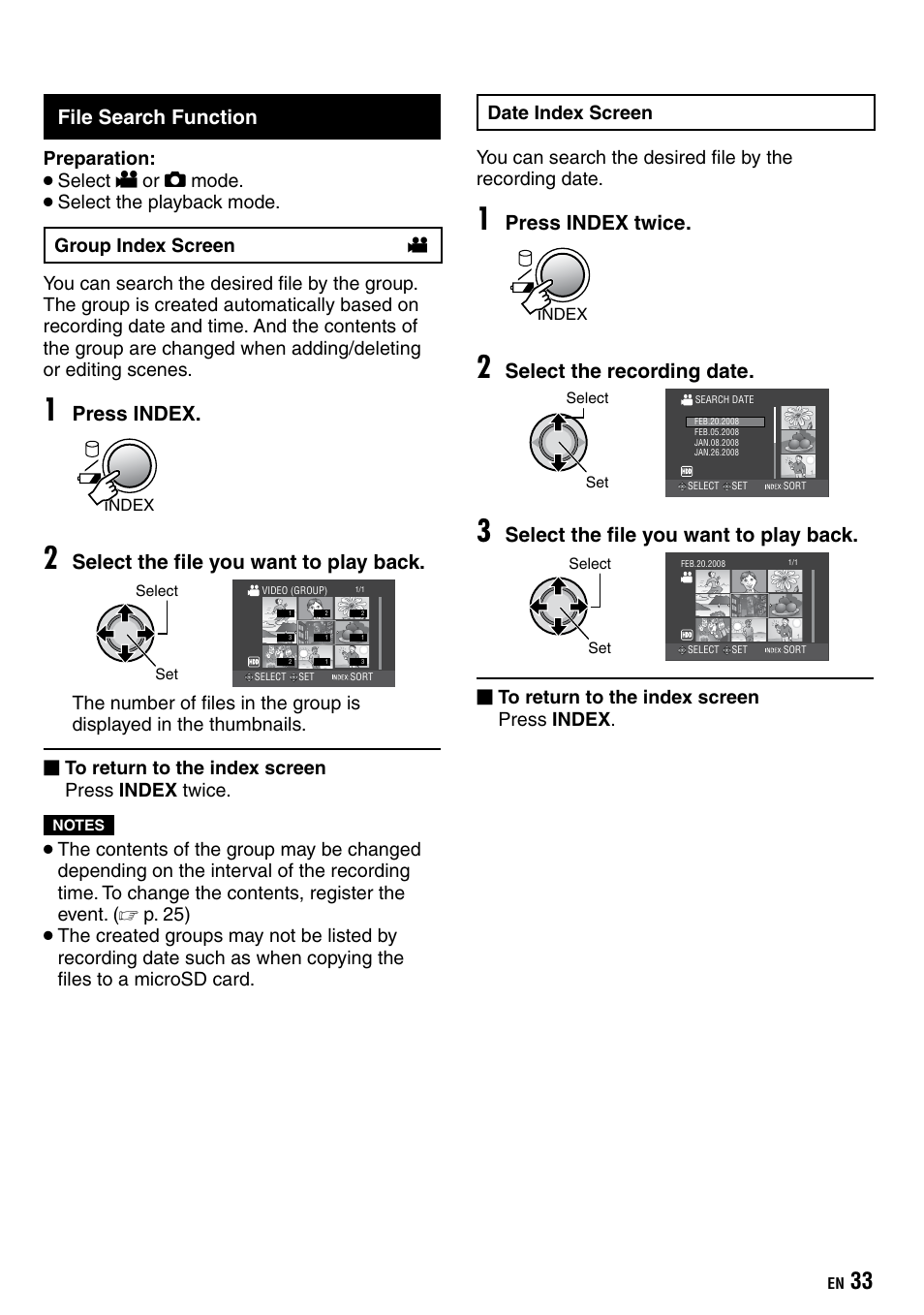 File search function, Press index, Select the file you want to play back | Press index twice, Select the recording date | JVC Everio GZ-HD40 User Manual | Page 33 / 72