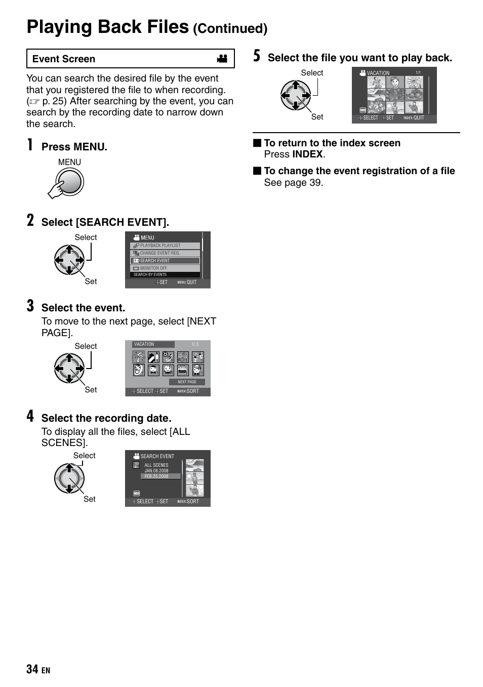 Playing back files, Continued), Press menu | Select [search event, Select the event, Select the recording date, Select the file you want to play back | JVC Everio GZ-HD40 User Manual | Page 34 / 72