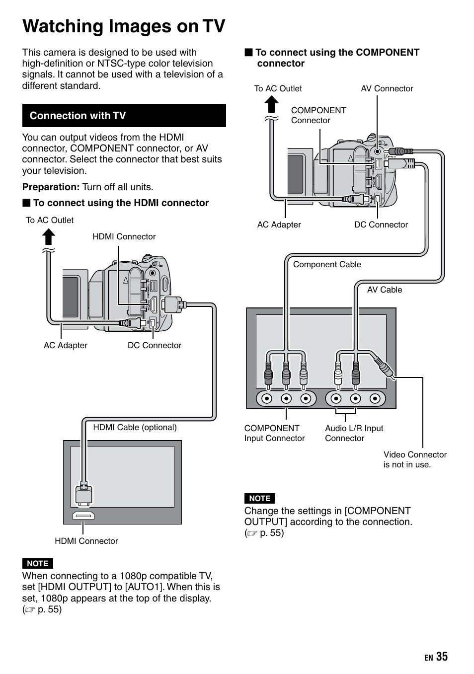 Watching images on tv, Connection with tv | JVC Everio GZ-HD40 User Manual | Page 35 / 72