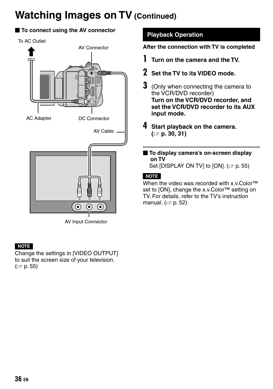 Playback operation, Watching images on tv, Continued) | JVC Everio GZ-HD40 User Manual | Page 36 / 72