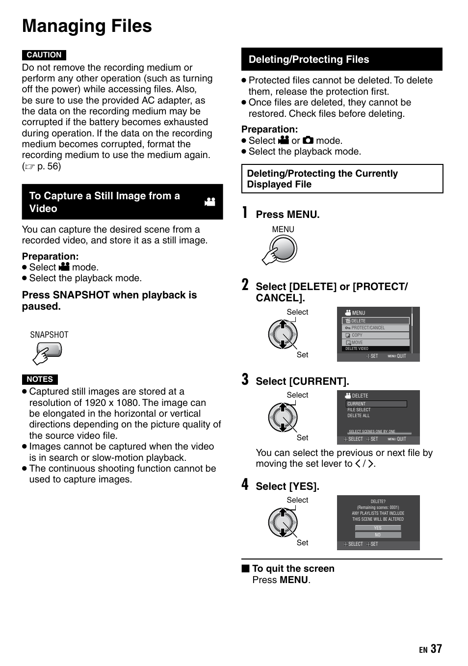 Editing/printing, Managing files, To capture a still image from a video | Deleting/protecting files | JVC Everio GZ-HD40 User Manual | Page 37 / 72