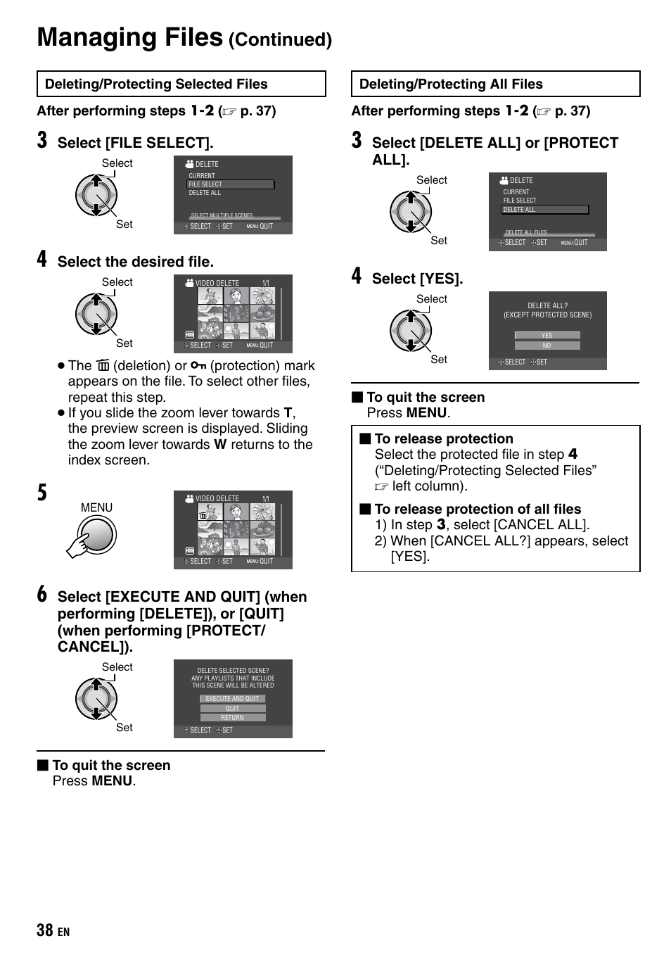 Managing files, Continued), Select [file select | Select the desired file, Select [delete all] or [protect all, Select [yes | JVC Everio GZ-HD40 User Manual | Page 38 / 72