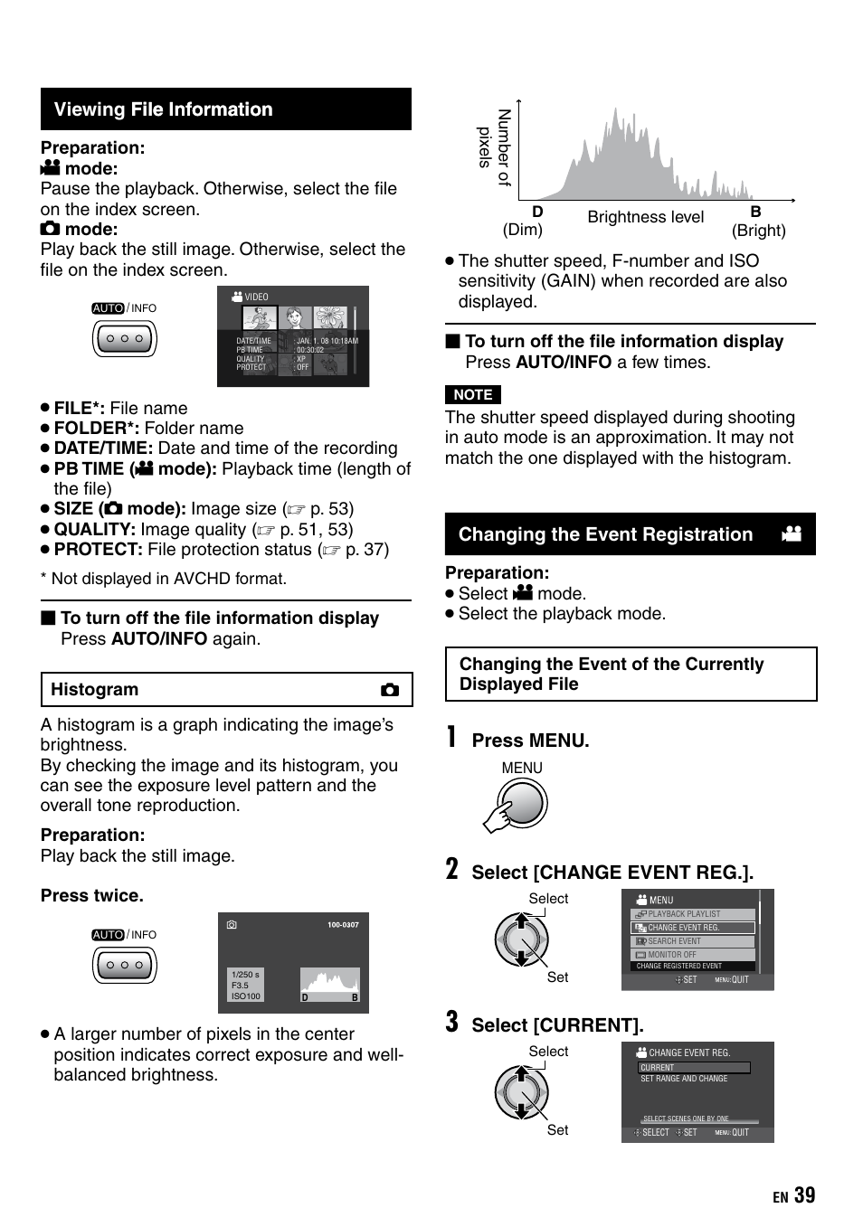 Viewing file information, Changing the event registration | JVC Everio GZ-HD40 User Manual | Page 39 / 72
