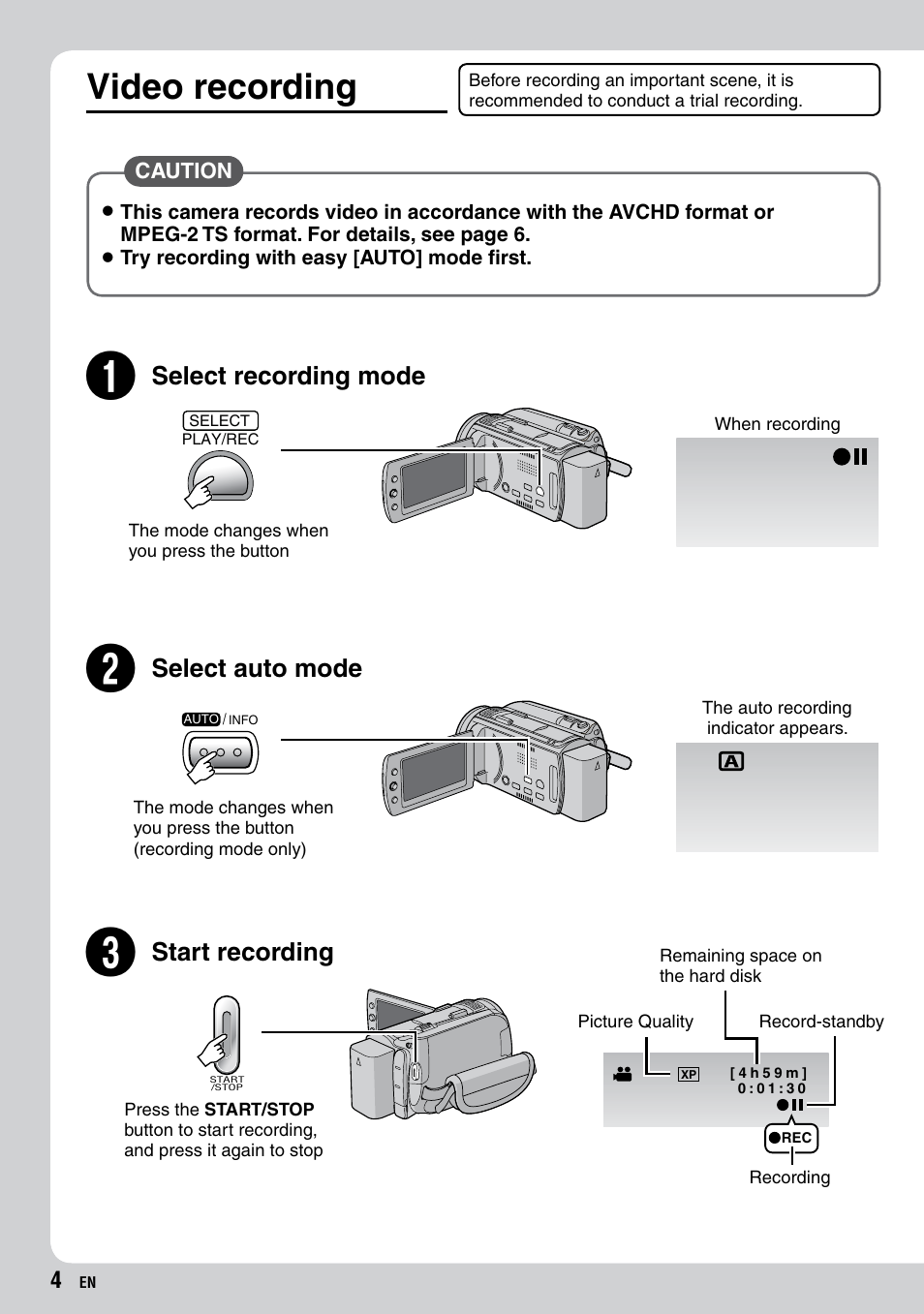 Video recording, Select recording mode, Select auto mode | Start recording | JVC Everio GZ-HD40 User Manual | Page 4 / 72