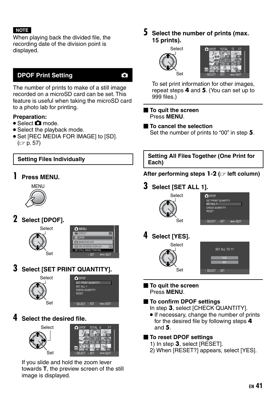 Dpof print setting, Press menu, Select [dpof | Select [set print quantity, Select the desired file, Select the number of prints (max. 15 prints), Select [set all 1, Select [yes | JVC Everio GZ-HD40 User Manual | Page 41 / 72