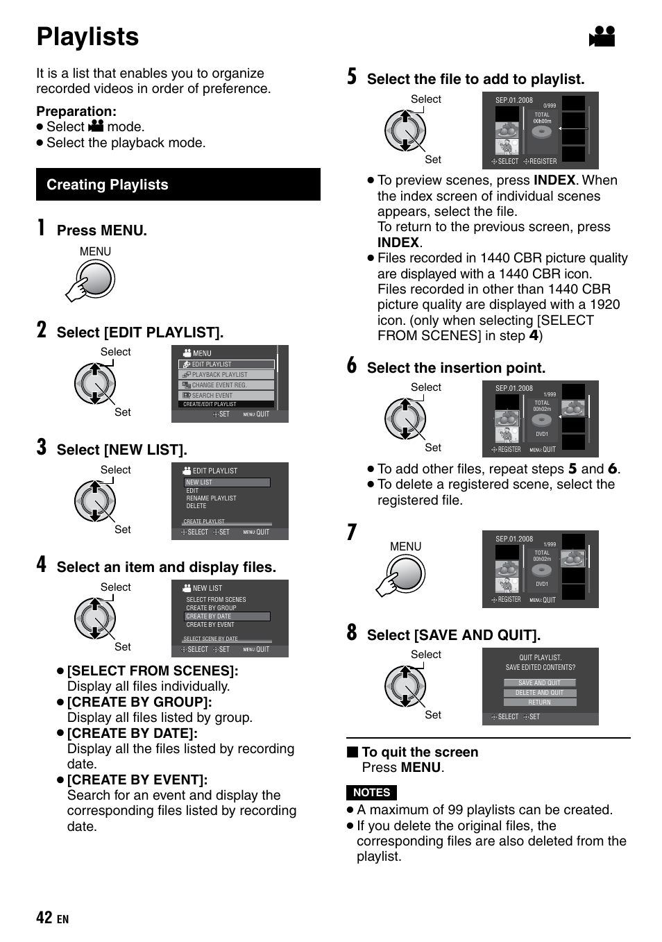 Playlists, Creating playlists, Press menu | Select [edit playlist, Select [new list, Select an item and display files, Select the file to add to playlist, Select the insertion point, Select [save and quit | JVC Everio GZ-HD40 User Manual | Page 42 / 72