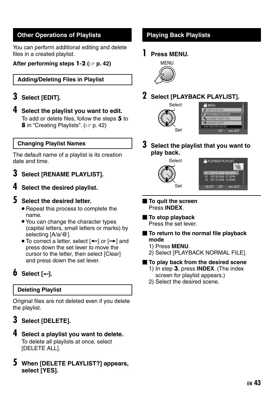 Other operations of playlists, Playing back playlists | JVC Everio GZ-HD40 User Manual | Page 43 / 72