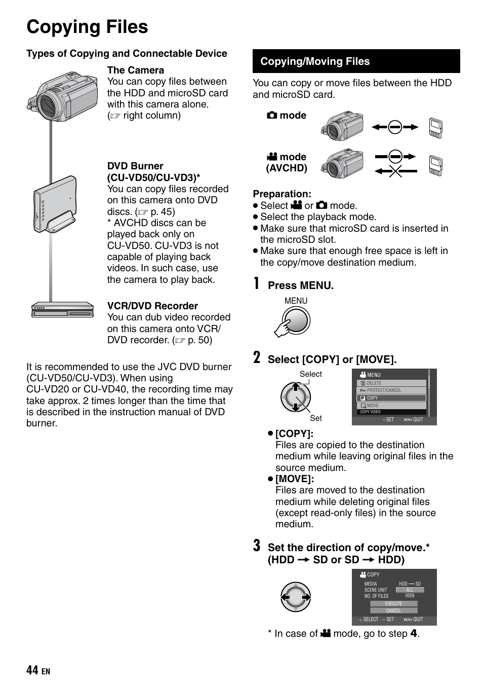 Copying, Copying files, Copying/moving files | JVC Everio GZ-HD40 User Manual | Page 44 / 72