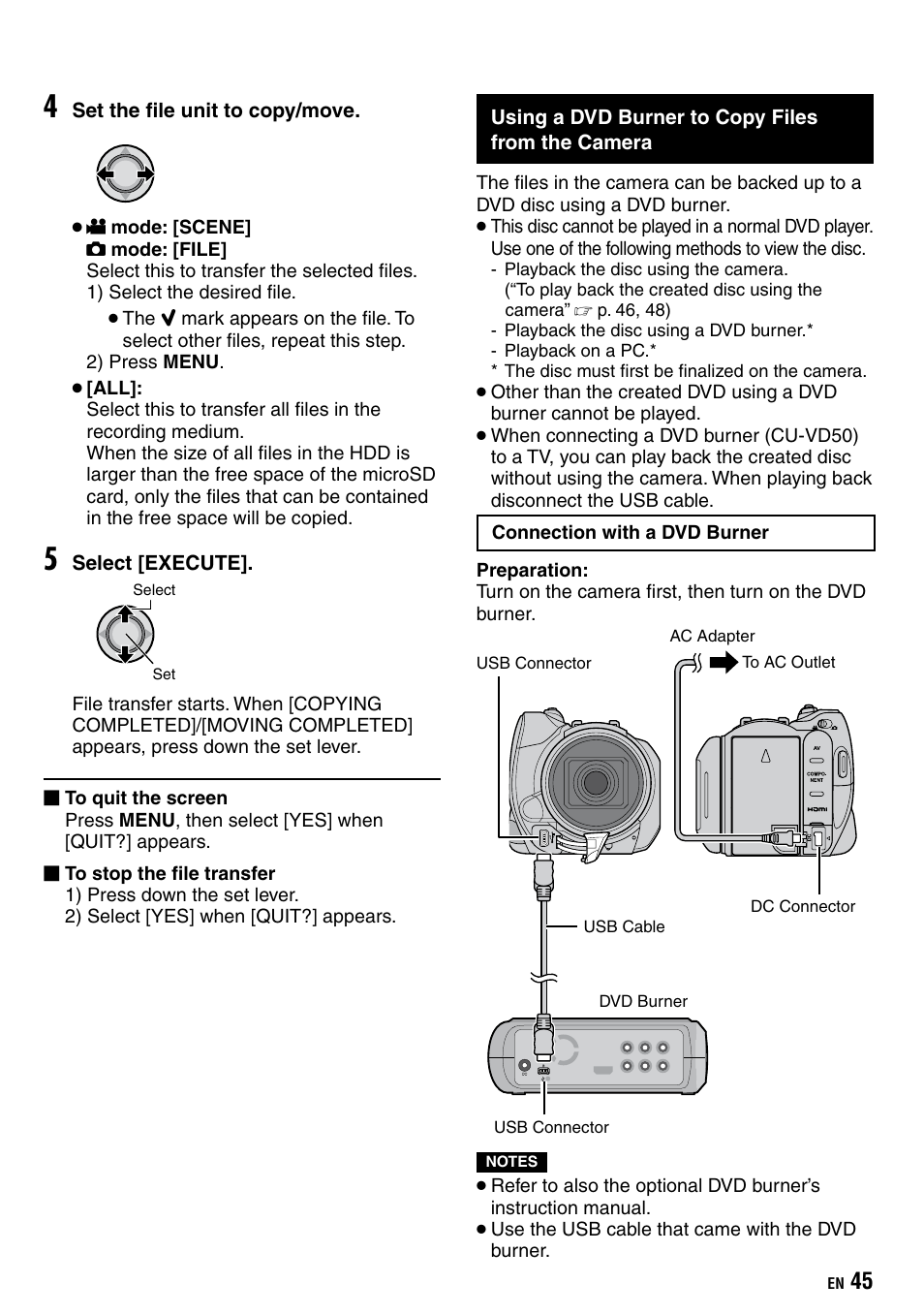 Using a dvd burner to copy files from the camera, Using a dvd burner to copy files from the, Camera | JVC Everio GZ-HD40 User Manual | Page 45 / 72
