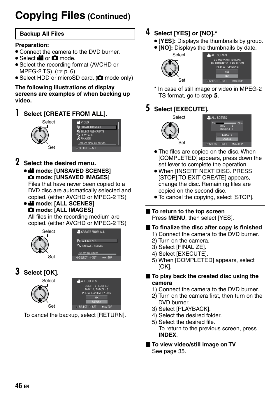 Copying files, Continued), Select [create from all | Select the desired menu, Select [ok, Select [yes] or [no, Select [execute | JVC Everio GZ-HD40 User Manual | Page 46 / 72