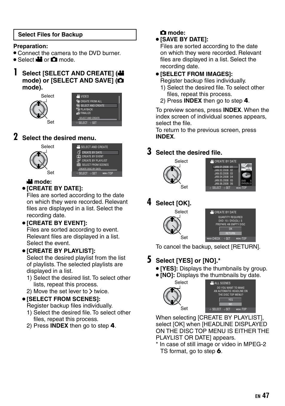 Select the desired menu, Select the desired file, Select [ok | Select [yes] or [no | JVC Everio GZ-HD40 User Manual | Page 47 / 72