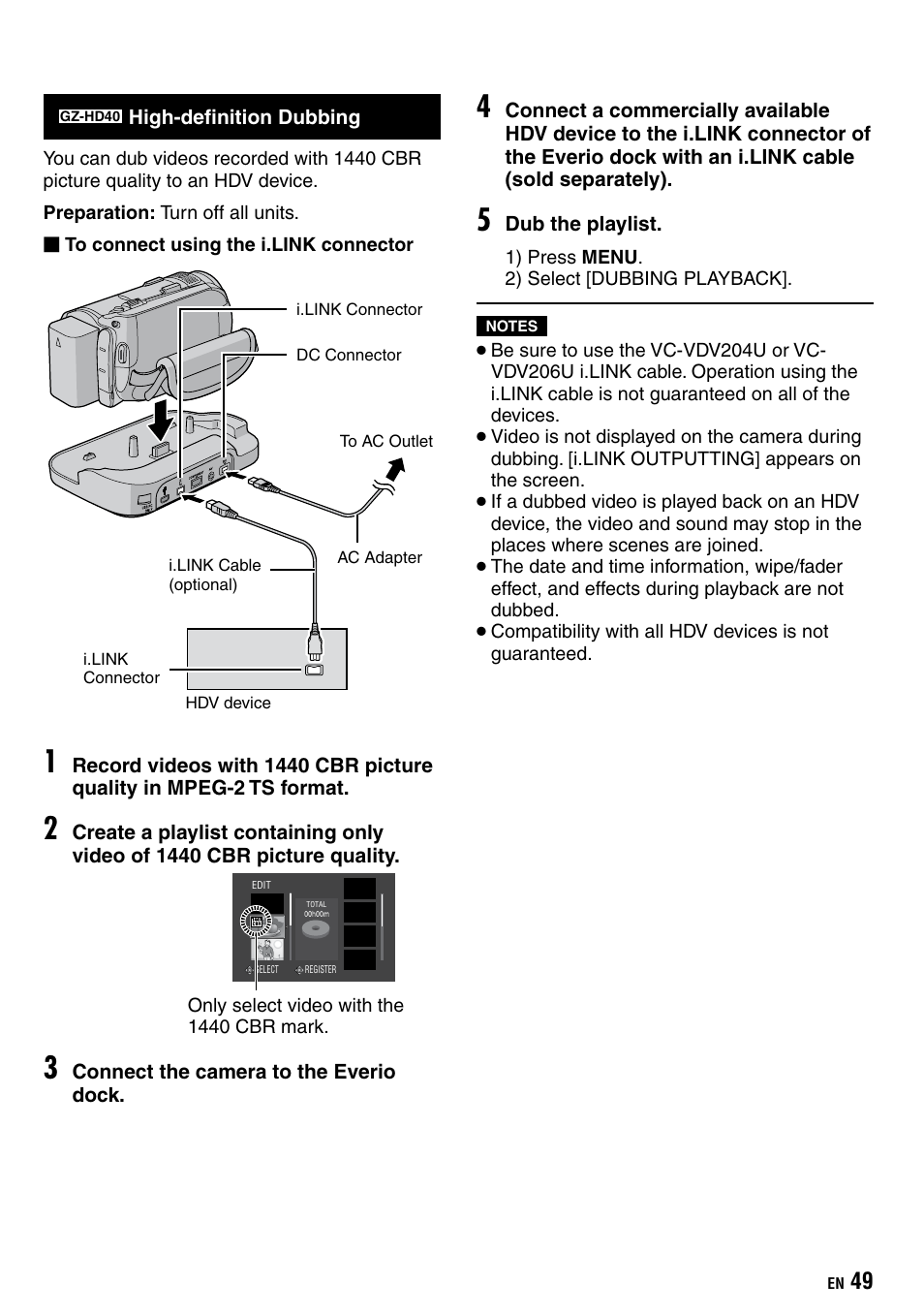 High-definition dubbing, Gz-hd40, High-definition dub | JVC Everio GZ-HD40 User Manual | Page 49 / 72