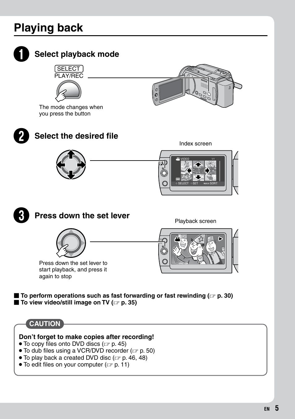 Playing back | JVC Everio GZ-HD40 User Manual | Page 5 / 72