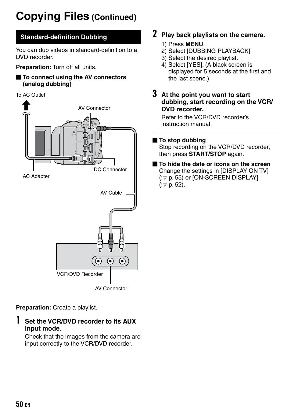Standard-definition dubbing, Copying files, Continued) | JVC Everio GZ-HD40 User Manual | Page 50 / 72