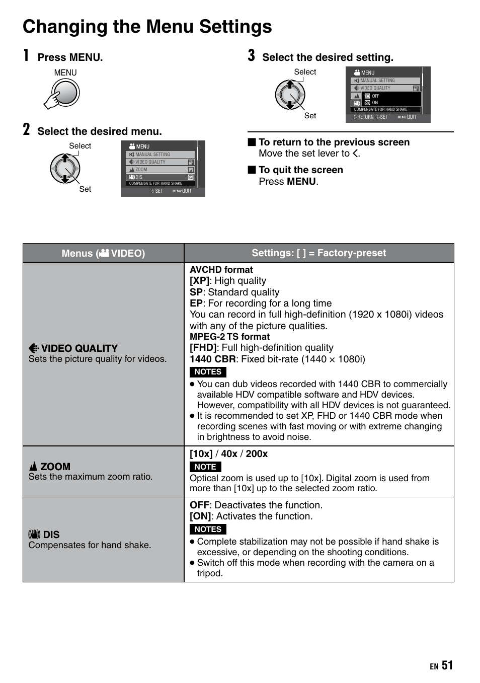 Further information, Changing the menu settings | JVC Everio GZ-HD40 User Manual | Page 51 / 72