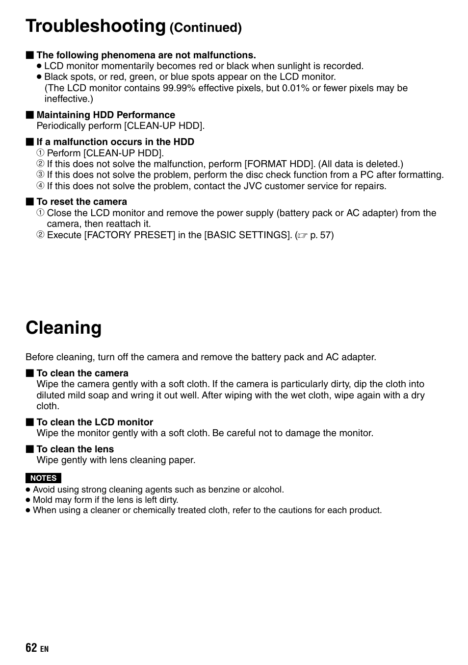 Cleaning, Troubleshooting, Continued) | JVC Everio GZ-HD40 User Manual | Page 62 / 72