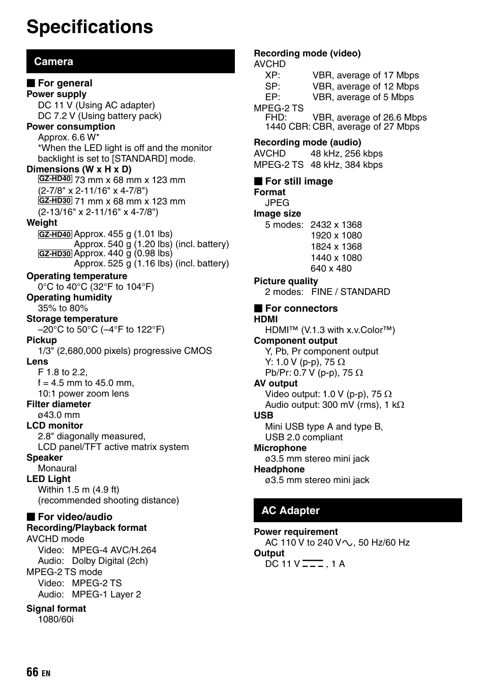 Specifications | JVC Everio GZ-HD40 User Manual | Page 66 / 72