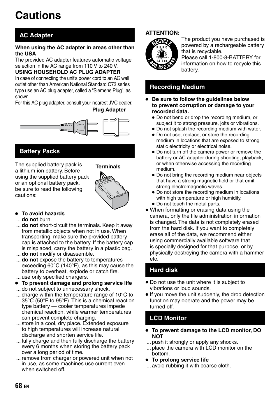 Cautions | JVC Everio GZ-HD40 User Manual | Page 68 / 72