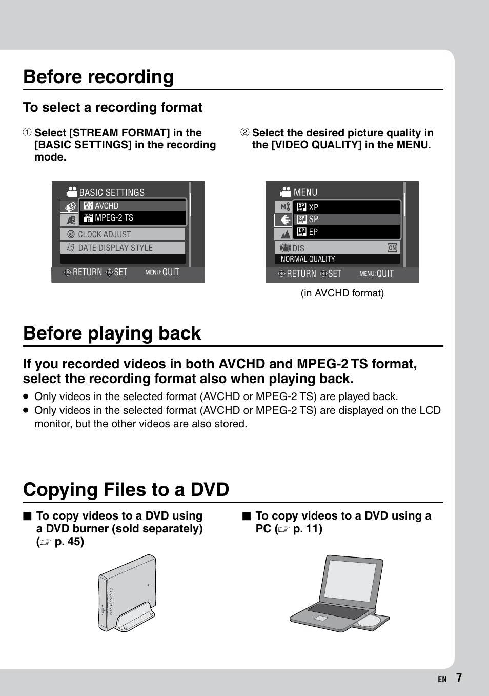 Before recording, Before playing back, Copying files to a dvd | JVC Everio GZ-HD40 User Manual | Page 7 / 72
