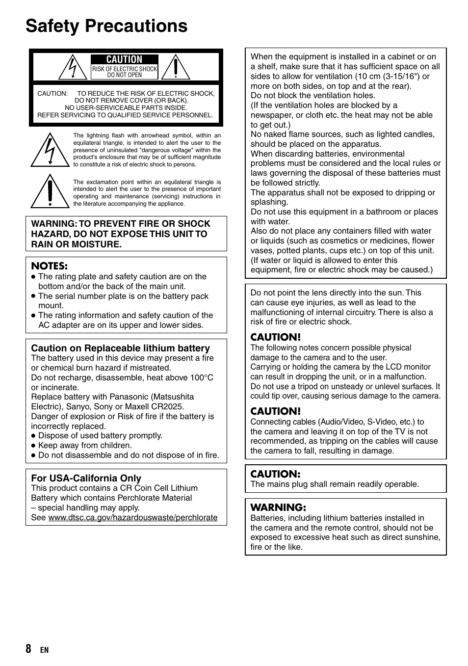 Safety precautions | JVC Everio GZ-HD40 User Manual | Page 8 / 72
