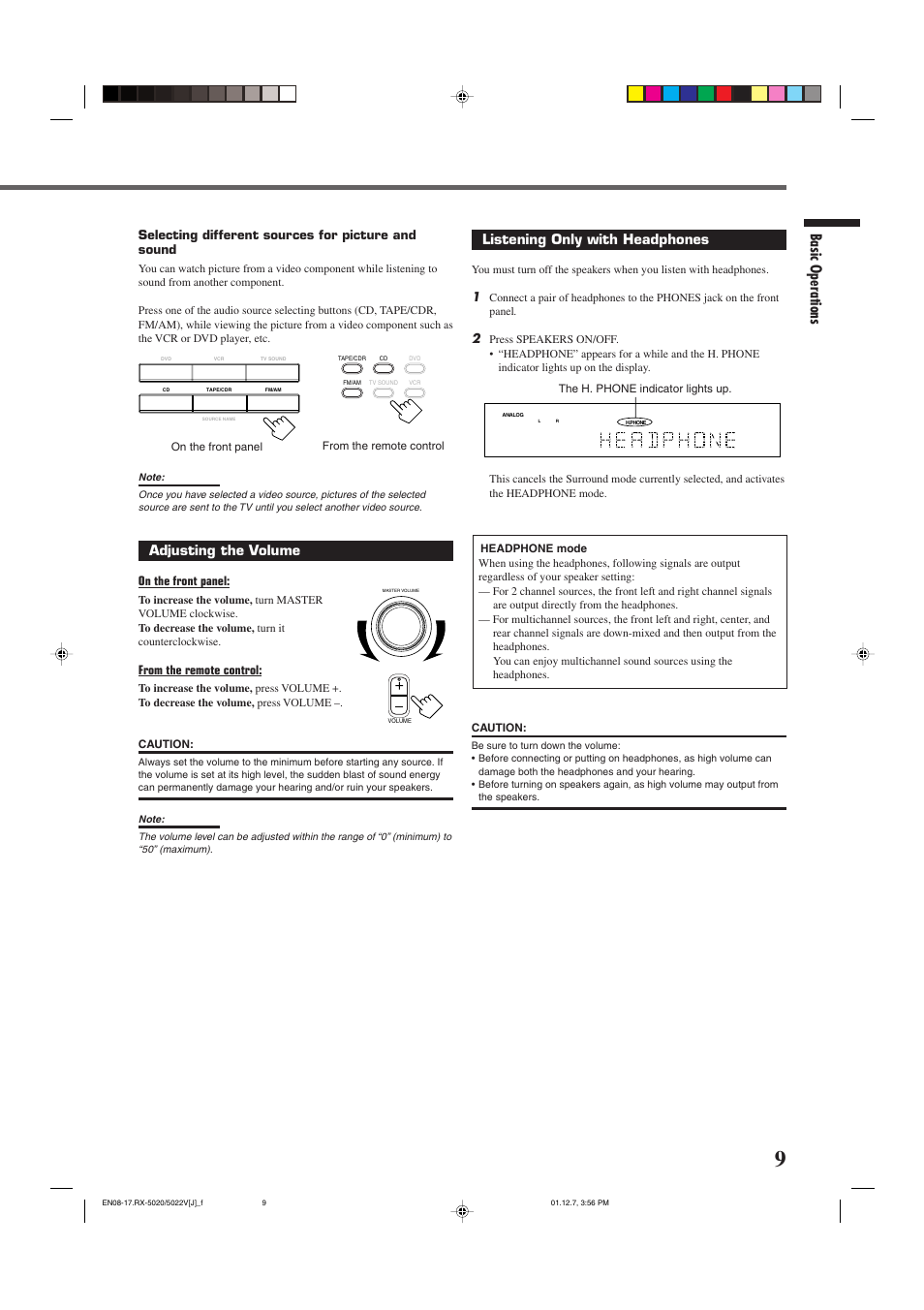 Basic operations, Adjusting the volume, Listening only with headphones | Selecting different sources for picture and sound, On the front panel | JVC RX-5022VSL User Manual | Page 11 / 72