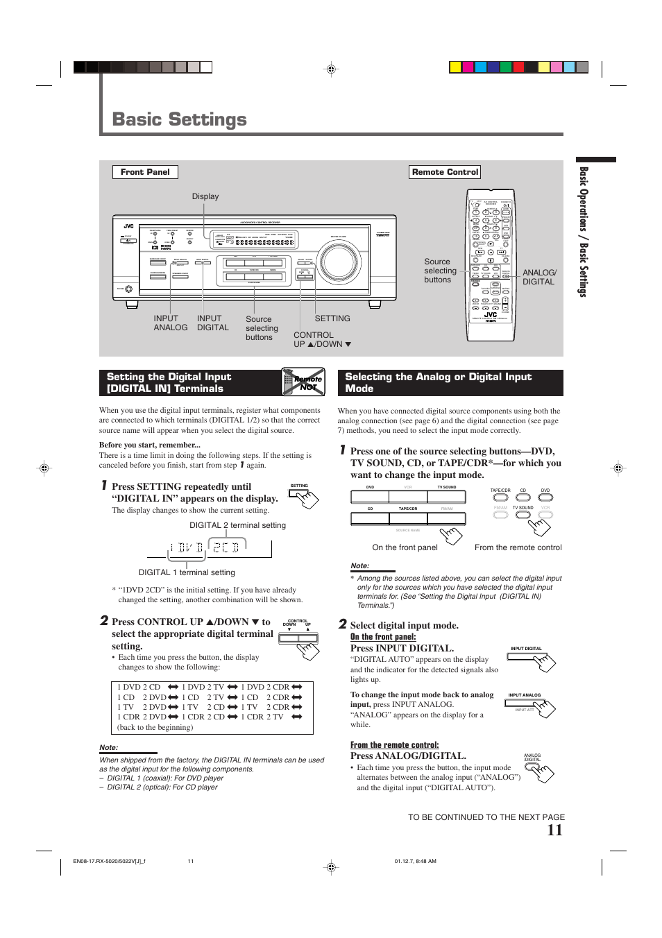 Basic settings, Basic operations / basic settings, Standby | Input att, Lc s.wfr ls rs, Slfe, Selecting the analog or digital input mode, Select digital input mode, Press input digital, Press analog/digital | JVC RX-5022VSL User Manual | Page 13 / 72