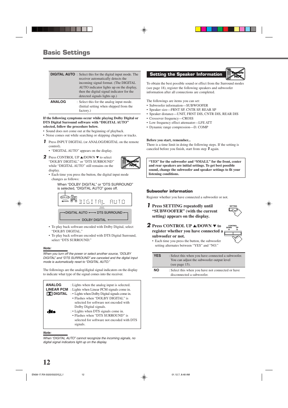 Basic settings, Setting the speaker information | JVC RX-5022VSL User Manual | Page 14 / 72