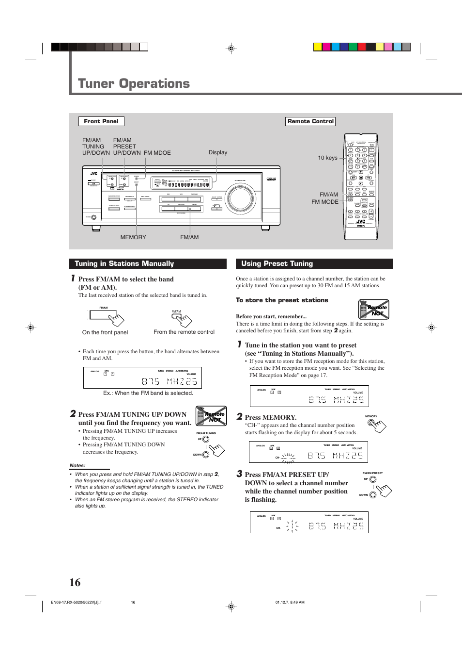 Tuner operations, Tuning in stations manually, Press fm/am to select the band (fm or am) | Using preset tuning, Standby, Input att, Lc s.wfr ls rs, Slfe, Front panel remote control, Fm mdoe display | JVC RX-5022VSL User Manual | Page 18 / 72