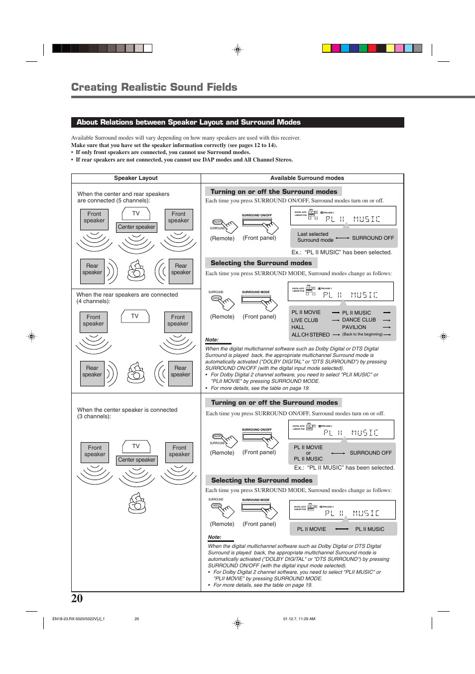 Creating realistic sound fields, Turning on or off the surround modes, Selecting the surround modes | JVC RX-5022VSL User Manual | Page 22 / 72