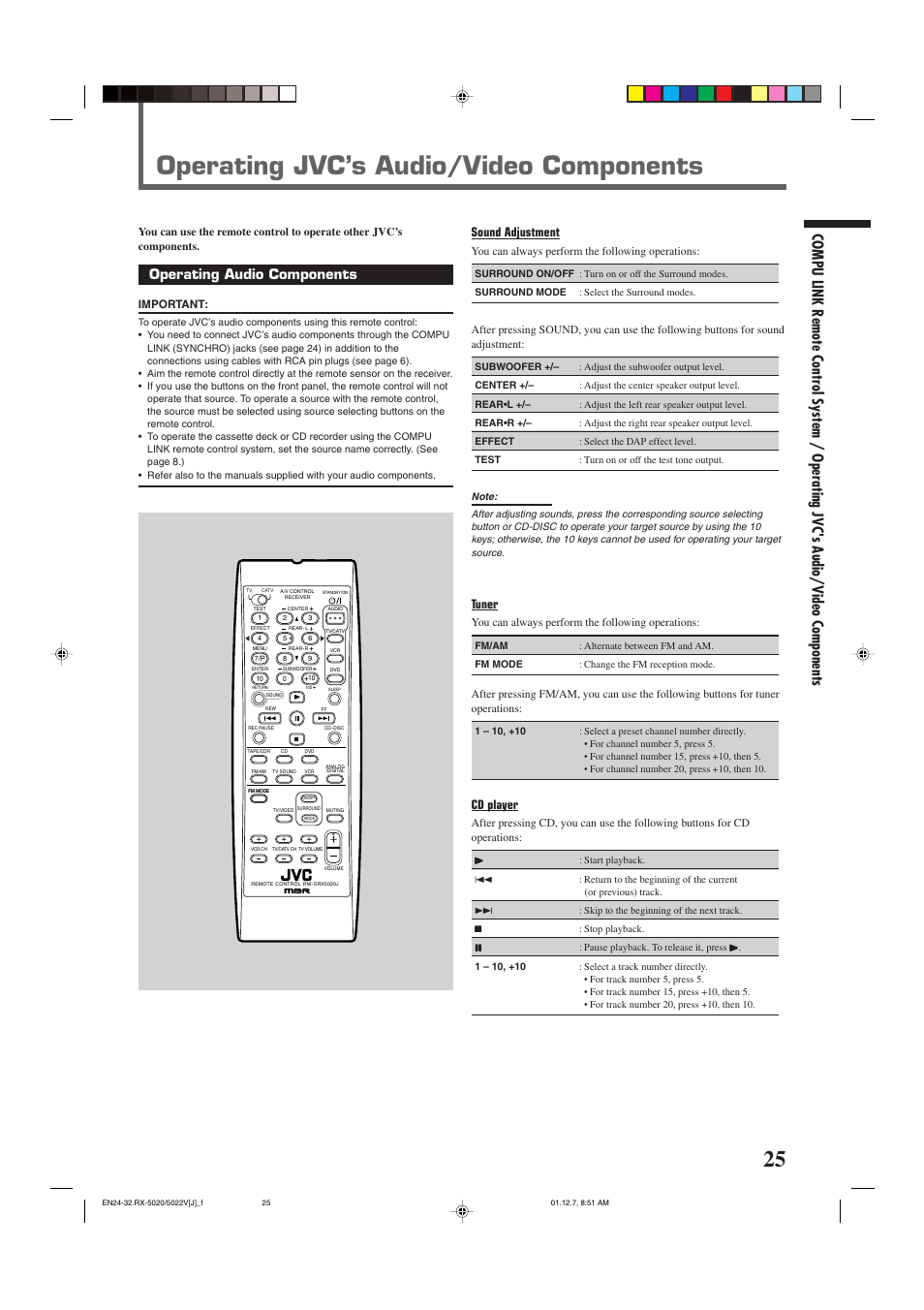 Operating jvc’s audio/video components, Operating audio components, Sound adjustment | Tuner, Cd player | JVC RX-5022VSL User Manual | Page 27 / 72