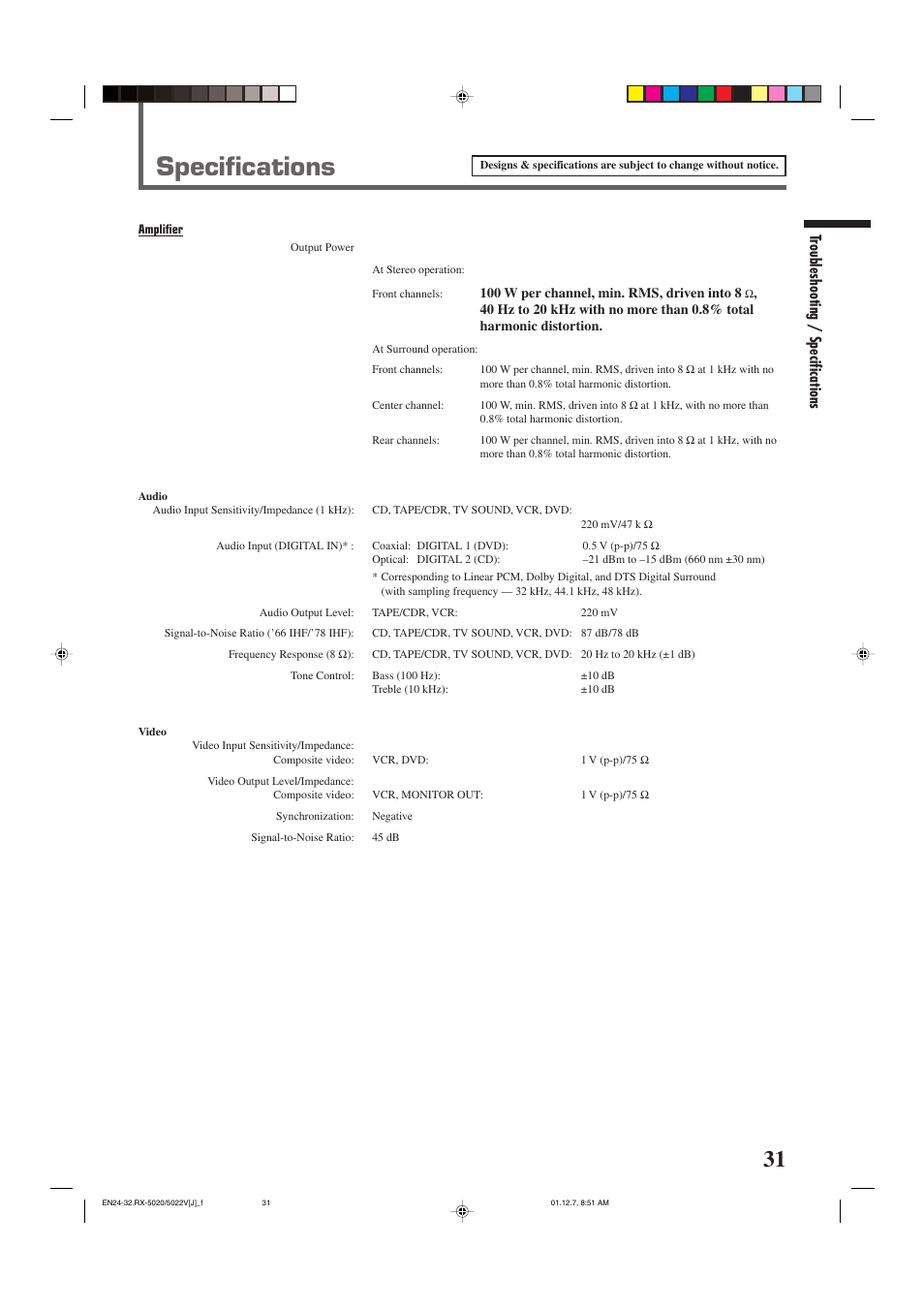 Specifications, Troubleshooting / specifications | JVC RX-5022VSL User Manual | Page 33 / 72