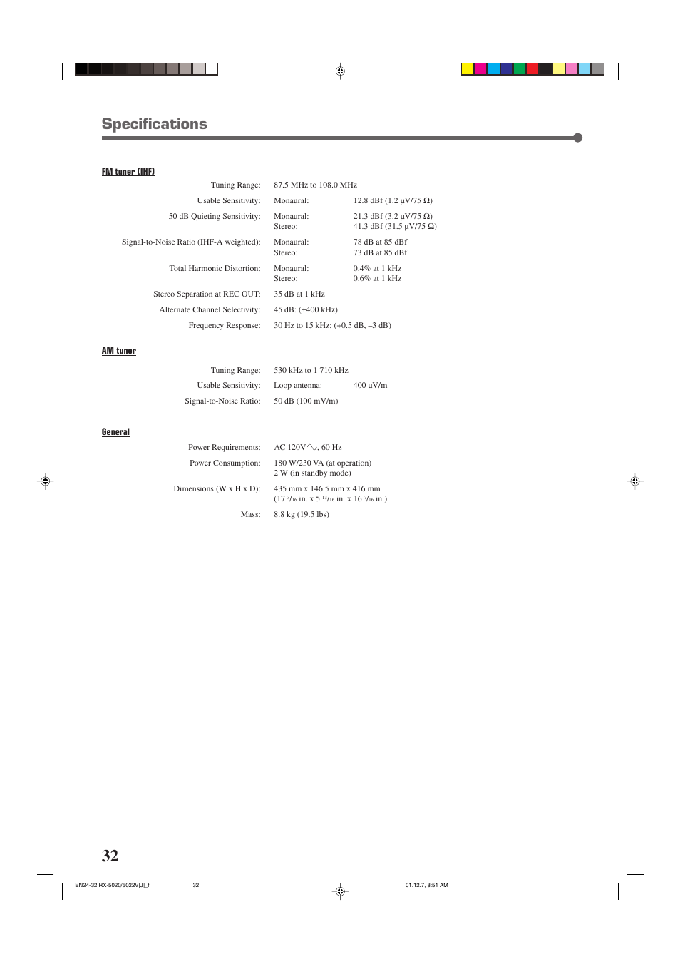 Specifications | JVC RX-5022VSL User Manual | Page 34 / 72