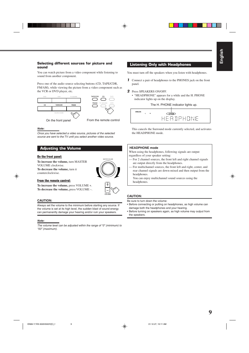 English, Adjusting the volume, Listening only with headphones | Selecting different sources for picture and sound, On the front panel | JVC RX-5022VSL User Manual | Page 48 / 72