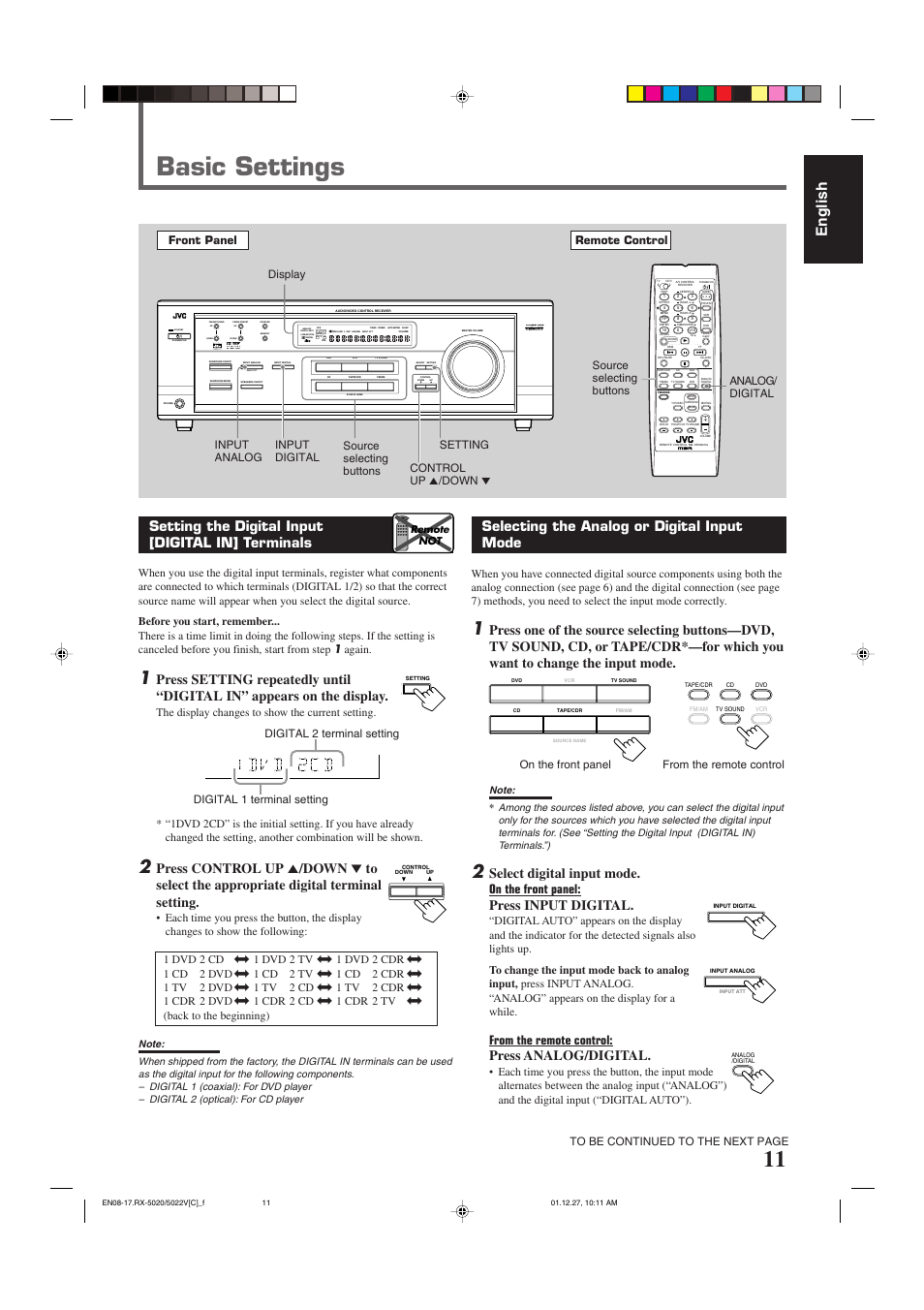 Basic settings, English, Standby | Input att, Lc s.wfr ls rs, Slfe, Selecting the analog or digital input mode, Select digital input mode, Press input digital, Press analog/digital | JVC RX-5022VSL User Manual | Page 50 / 72