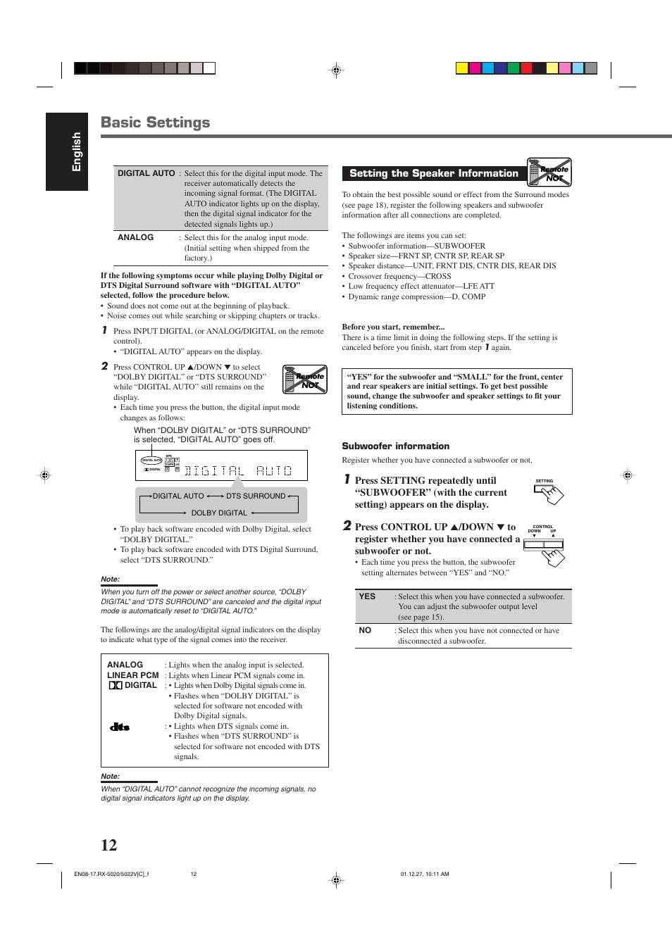 Basic settings, English, Setting the speaker information | JVC RX-5022VSL User Manual | Page 51 / 72