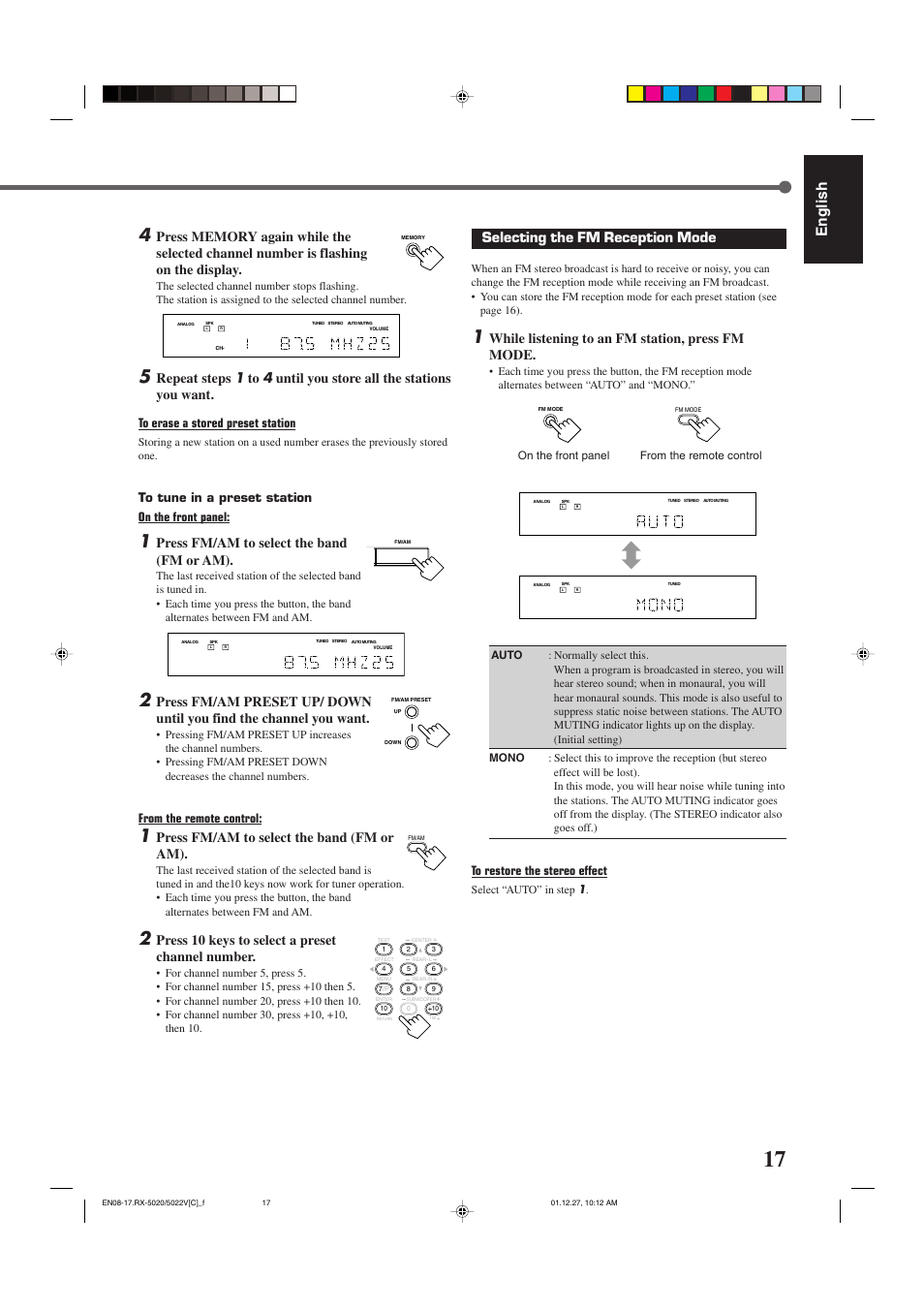 English, Selecting the fm reception mode, While listening to an fm station, press fm mode | Press fm/am to select the band (fm or am), Press 10 keys to select a preset channel number | JVC RX-5022VSL User Manual | Page 56 / 72