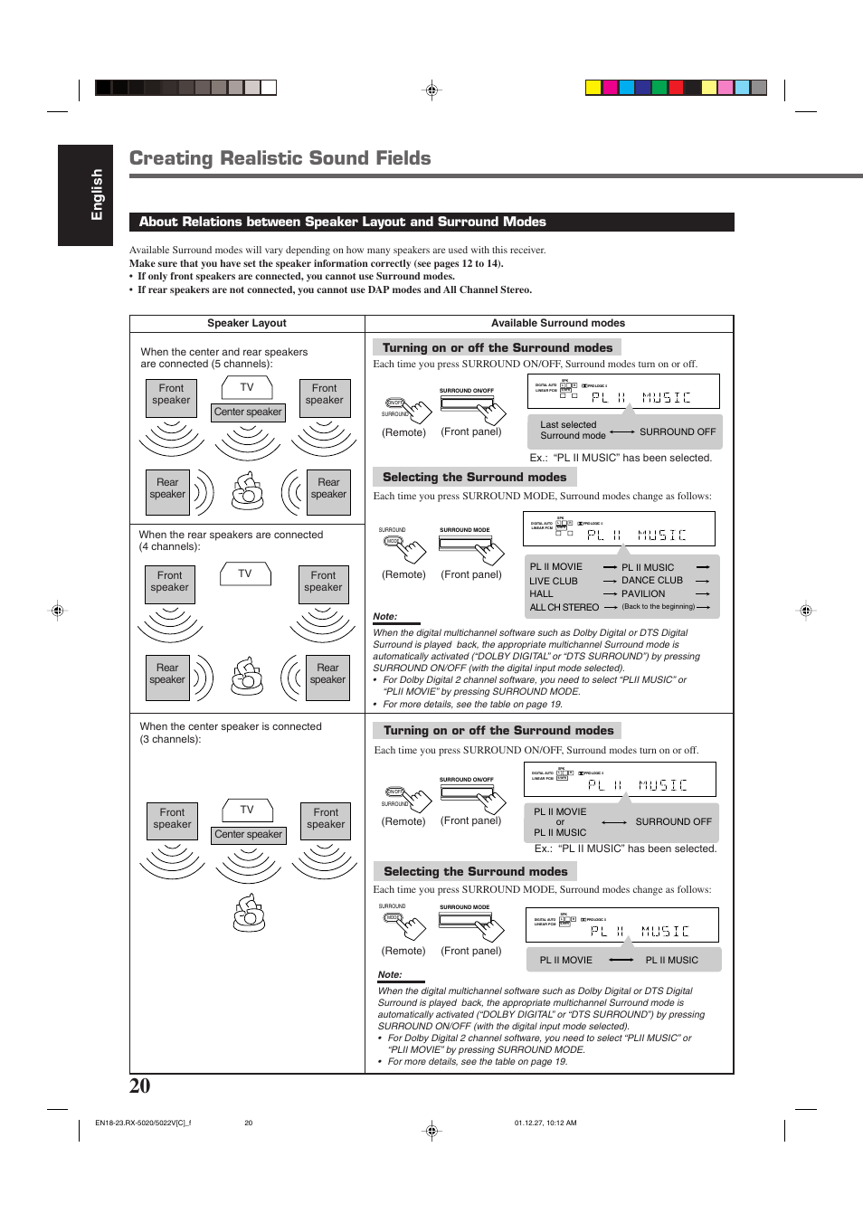 Creating realistic sound fields, English, Turning on or off the surround modes | Selecting the surround modes | JVC RX-5022VSL User Manual | Page 59 / 72