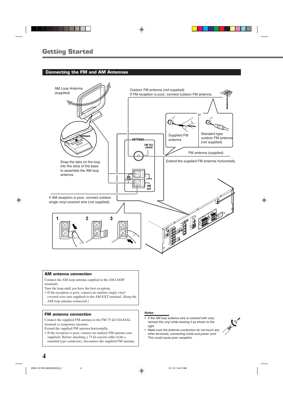 Getting started, Connecting the fm and am antennas, Coaxial | Am antenna connection, Fm antenna connection, Am loop fm 75, Am ext antenna | JVC RX-5022VSL User Manual | Page 6 / 72