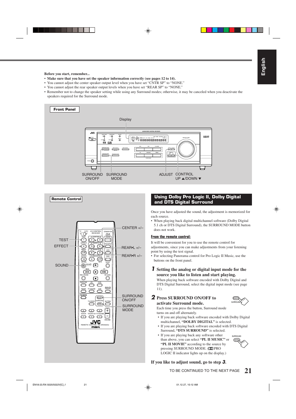 English, Standby, Input att | Lc s.wfr ls rs, Slfe, Press surround on/off to activate surround mode, If you like to adjust sound, go to step 3 | JVC RX-5022VSL User Manual | Page 60 / 72