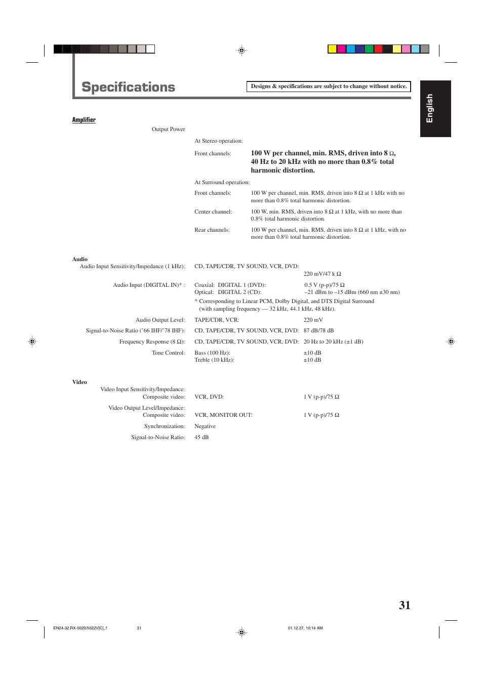 Specifications, English | JVC RX-5022VSL User Manual | Page 70 / 72